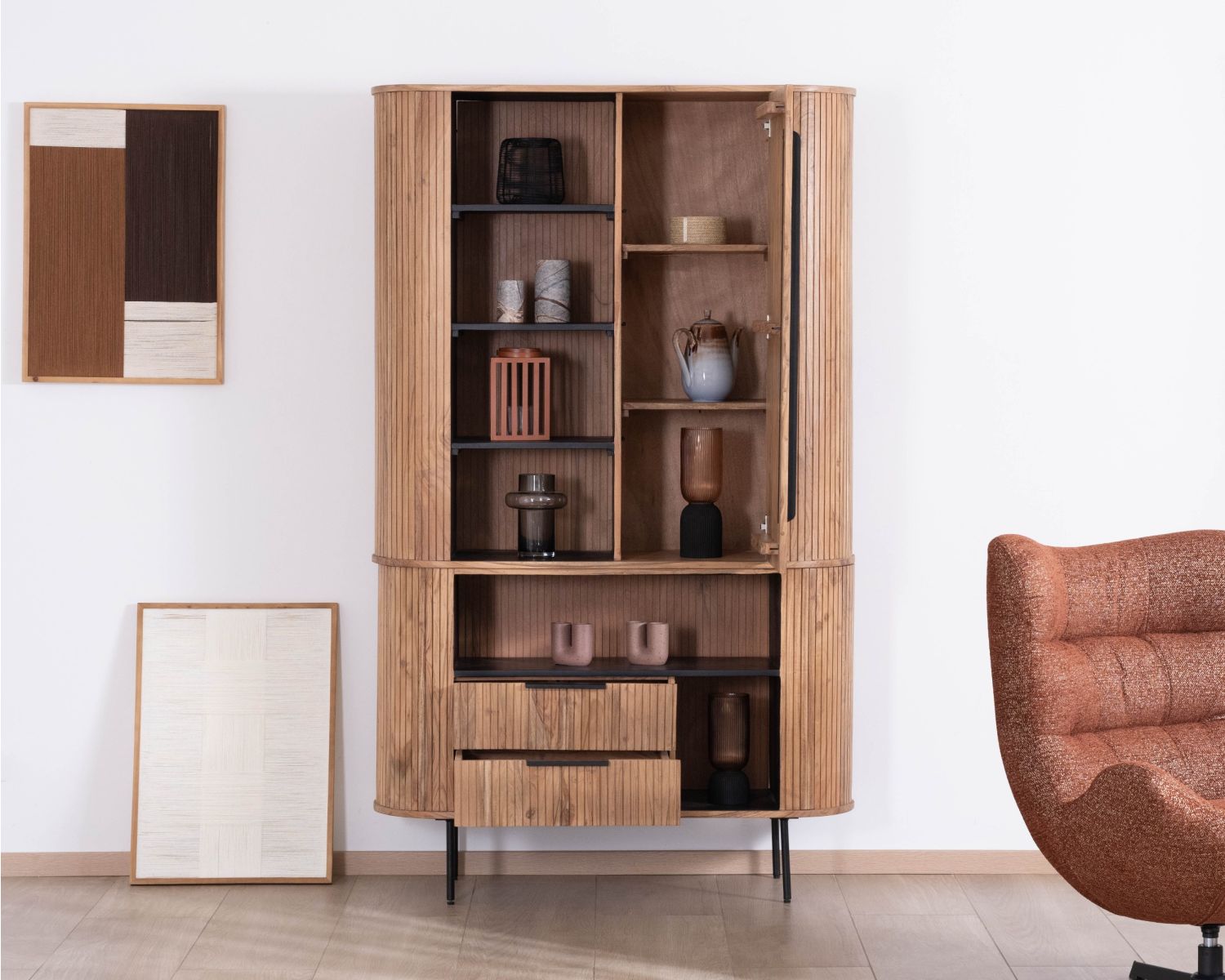 Meuble haut multi-rangement design rétro "Bopee" acacia avec éclairage LED