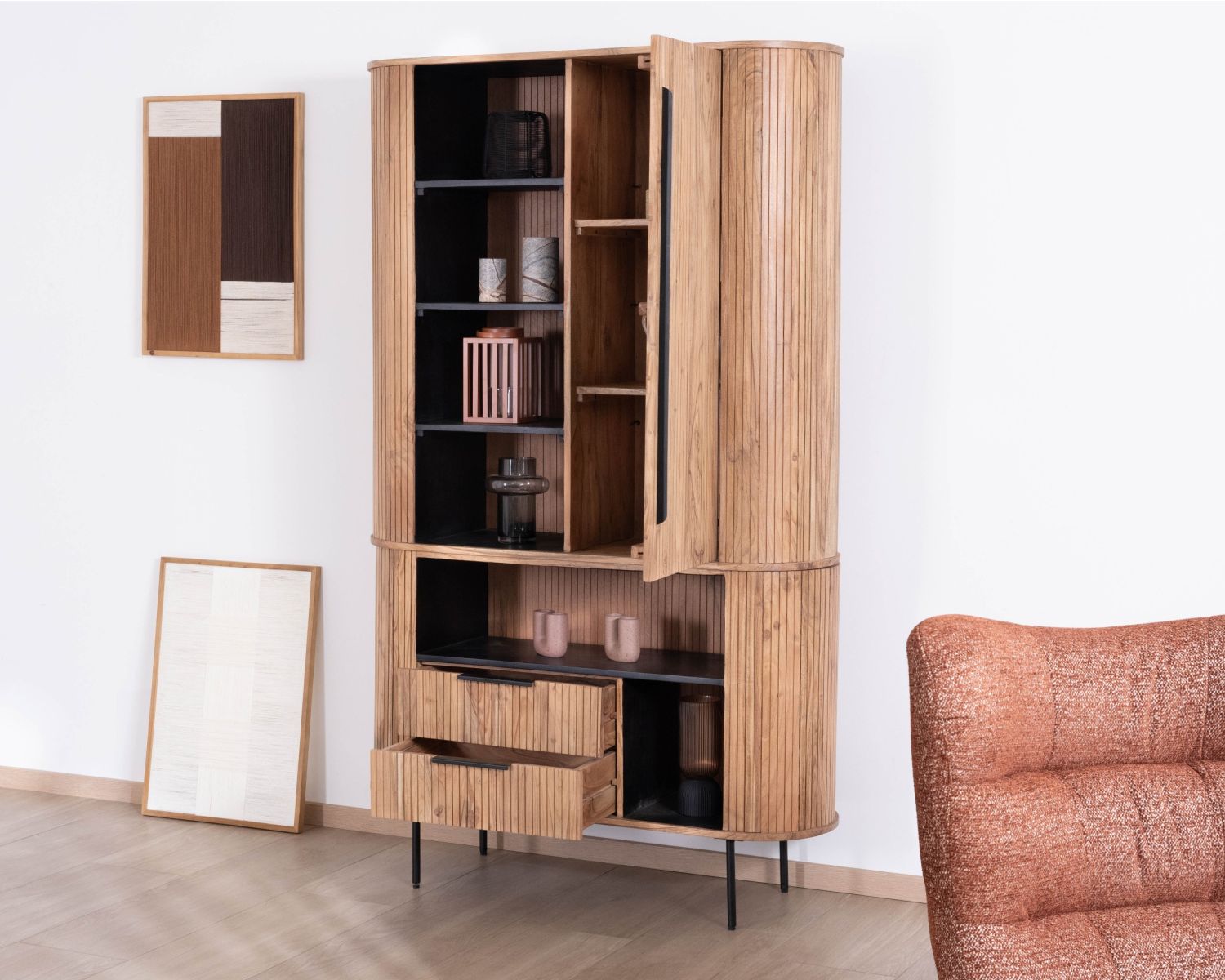 Meuble haut multi-rangement design rétro "Bopee" acacia avec éclairage LED