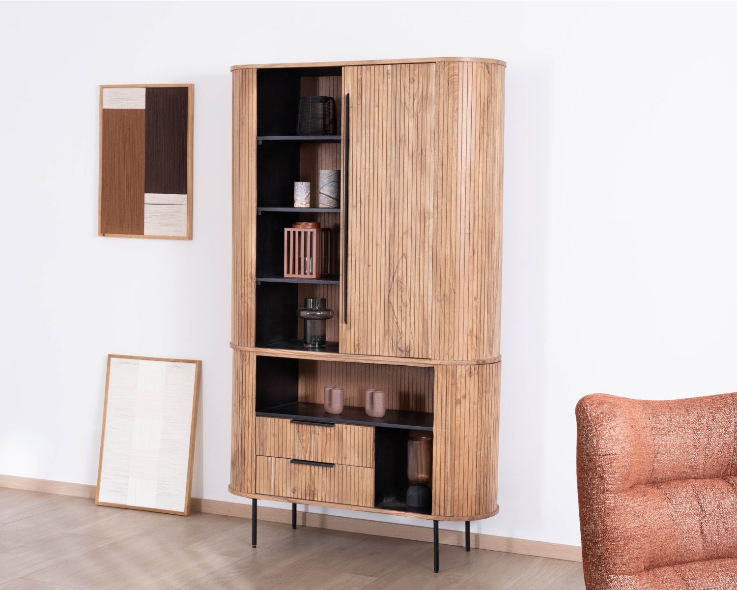 Meuble haut multi-rangement design rétro "Bopee" acacia avec éclairage LED