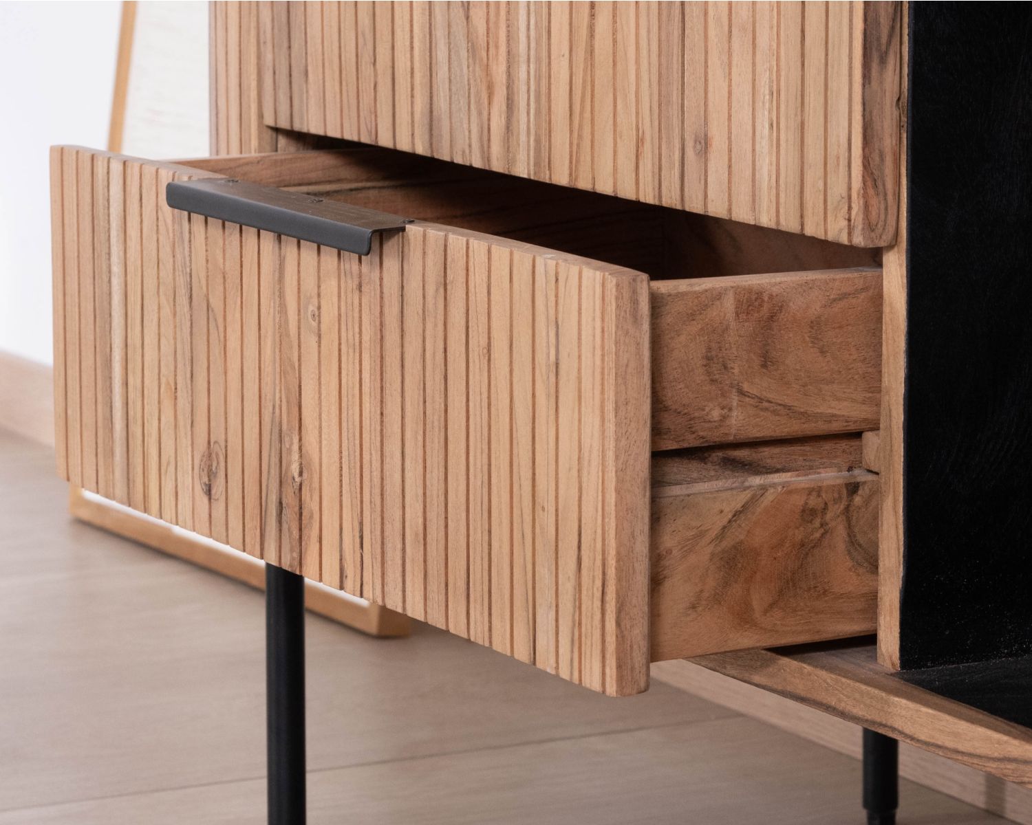 Meuble haut multi-rangement design rétro "Bopee" acacia avec éclairage LED