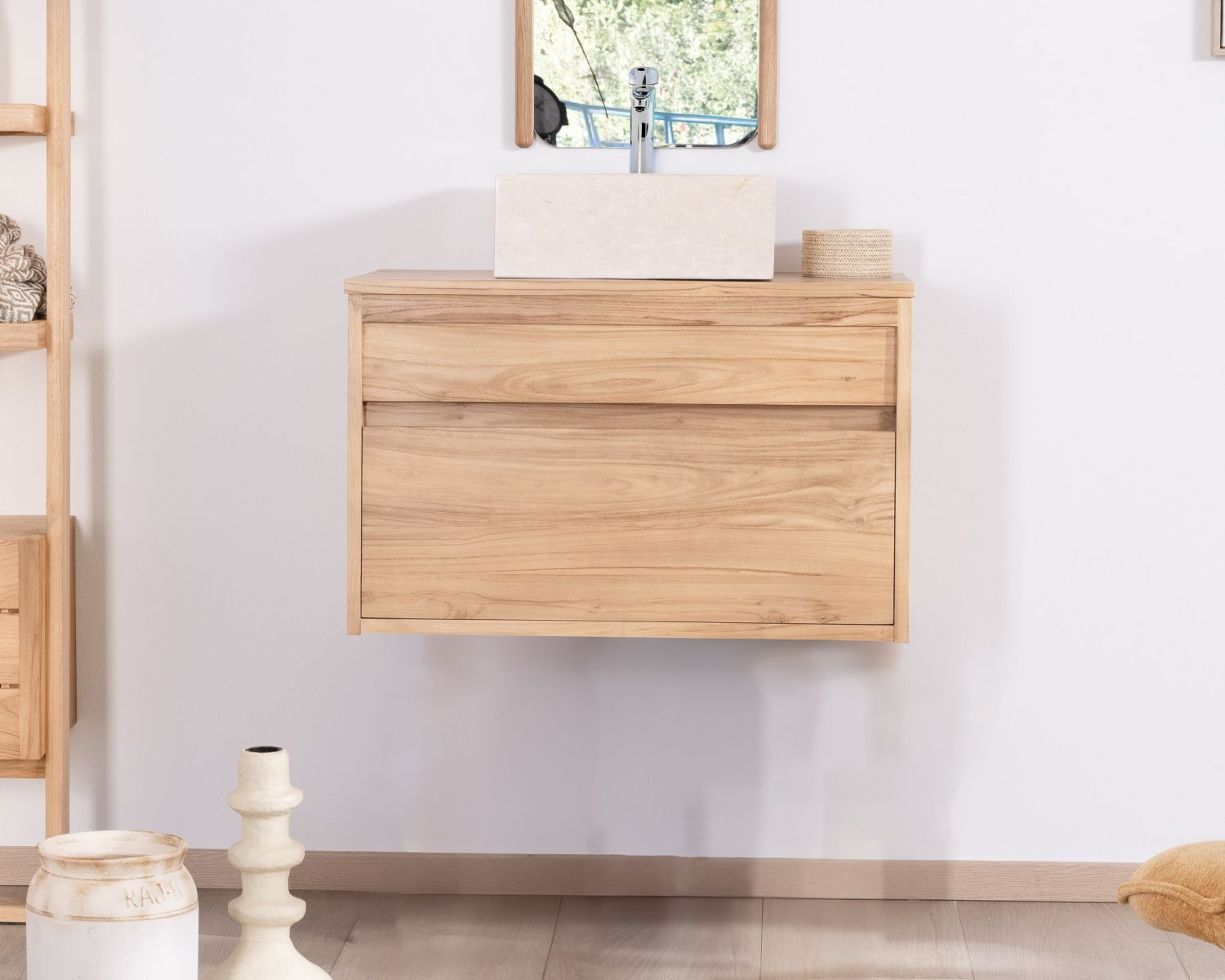 Meuble sous vasque suspendu 80 cm avec 1 tiroir "Bowdy" teck massif