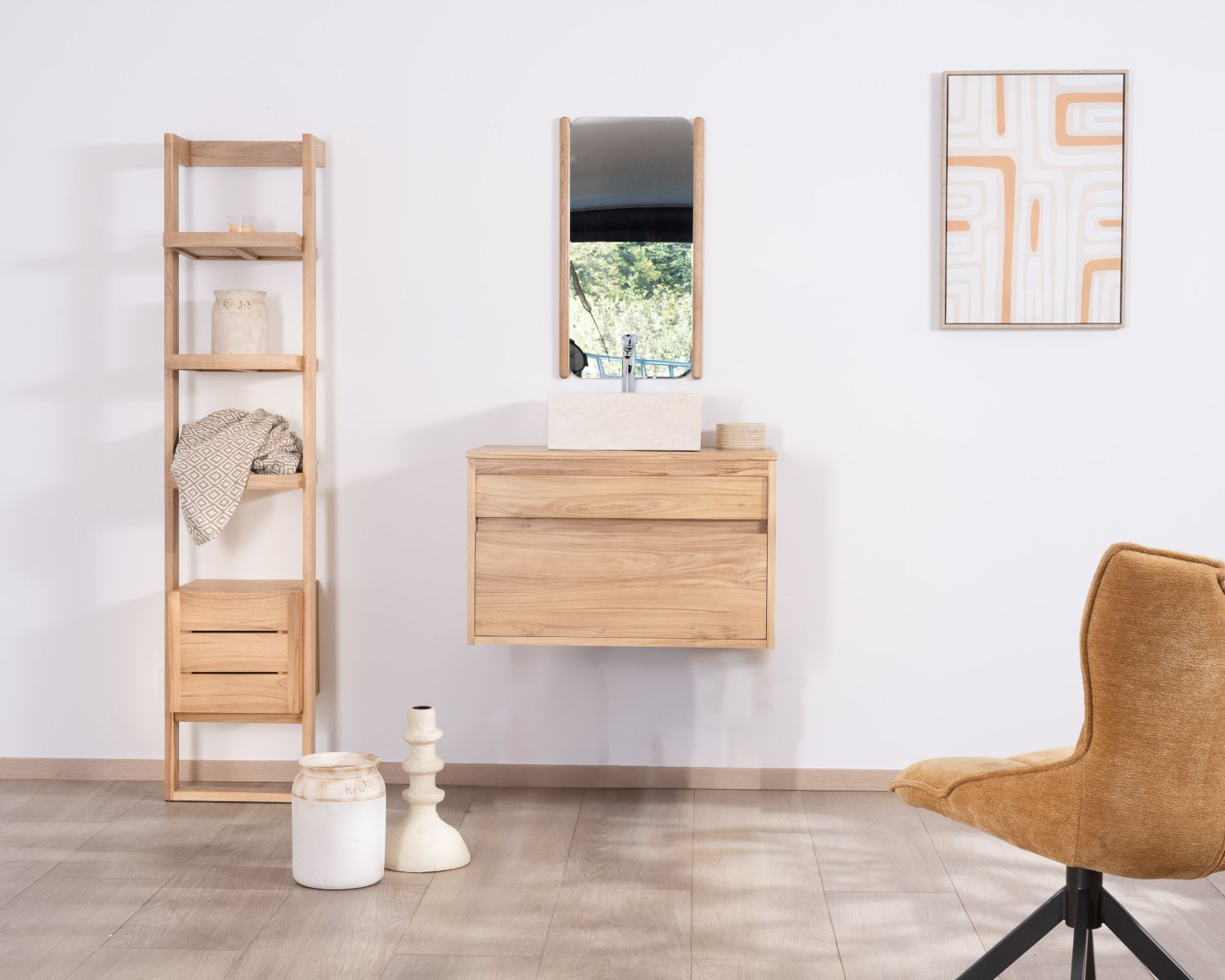 Meuble sous vasque suspendu 80 cm avec 1 tiroir "Bowdy" teck massif