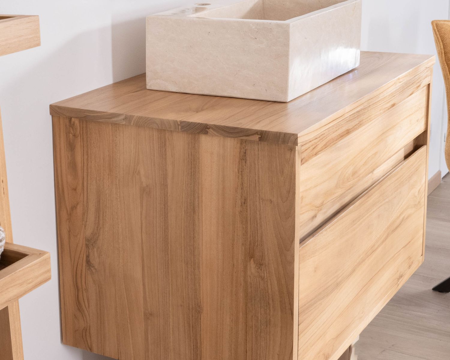 Meuble sous vasque suspendu 80 cm avec 1 tiroir "Bowdy" teck massif