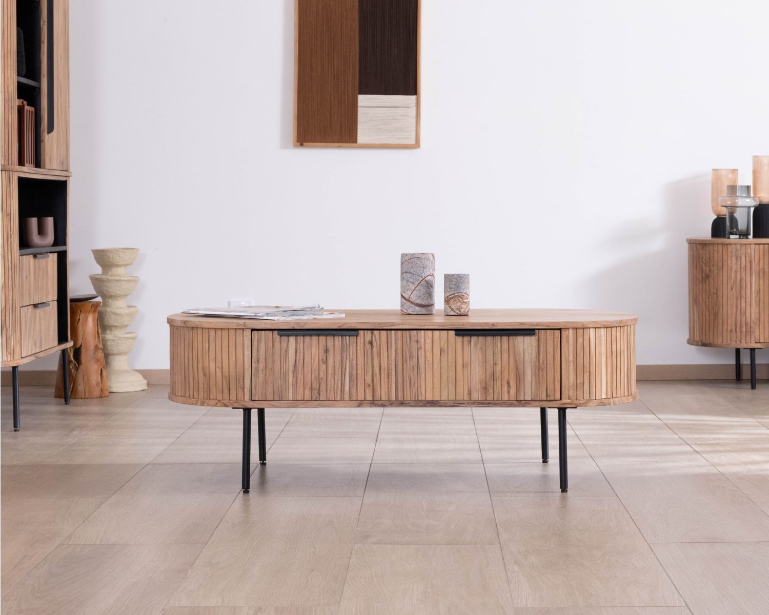 Table de salon ovale design newtro avec grand tiroir traversant "Bopee"