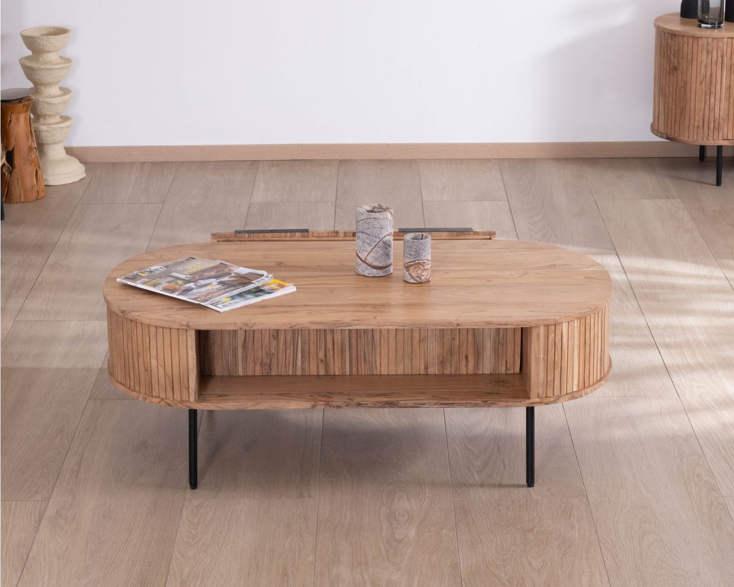 Table de salon ovale design newtro avec grand tiroir traversant "Bopee"