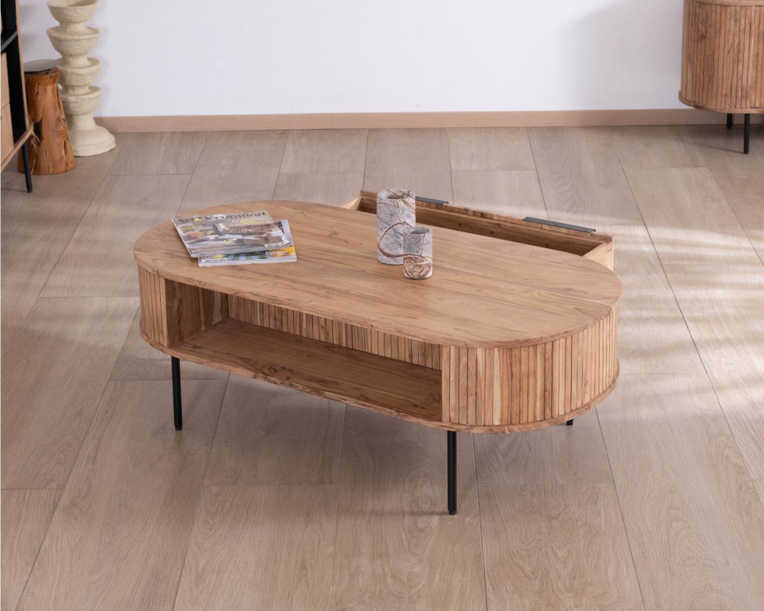 Table de salon ovale design newtro avec grand tiroir traversant "Bopee"