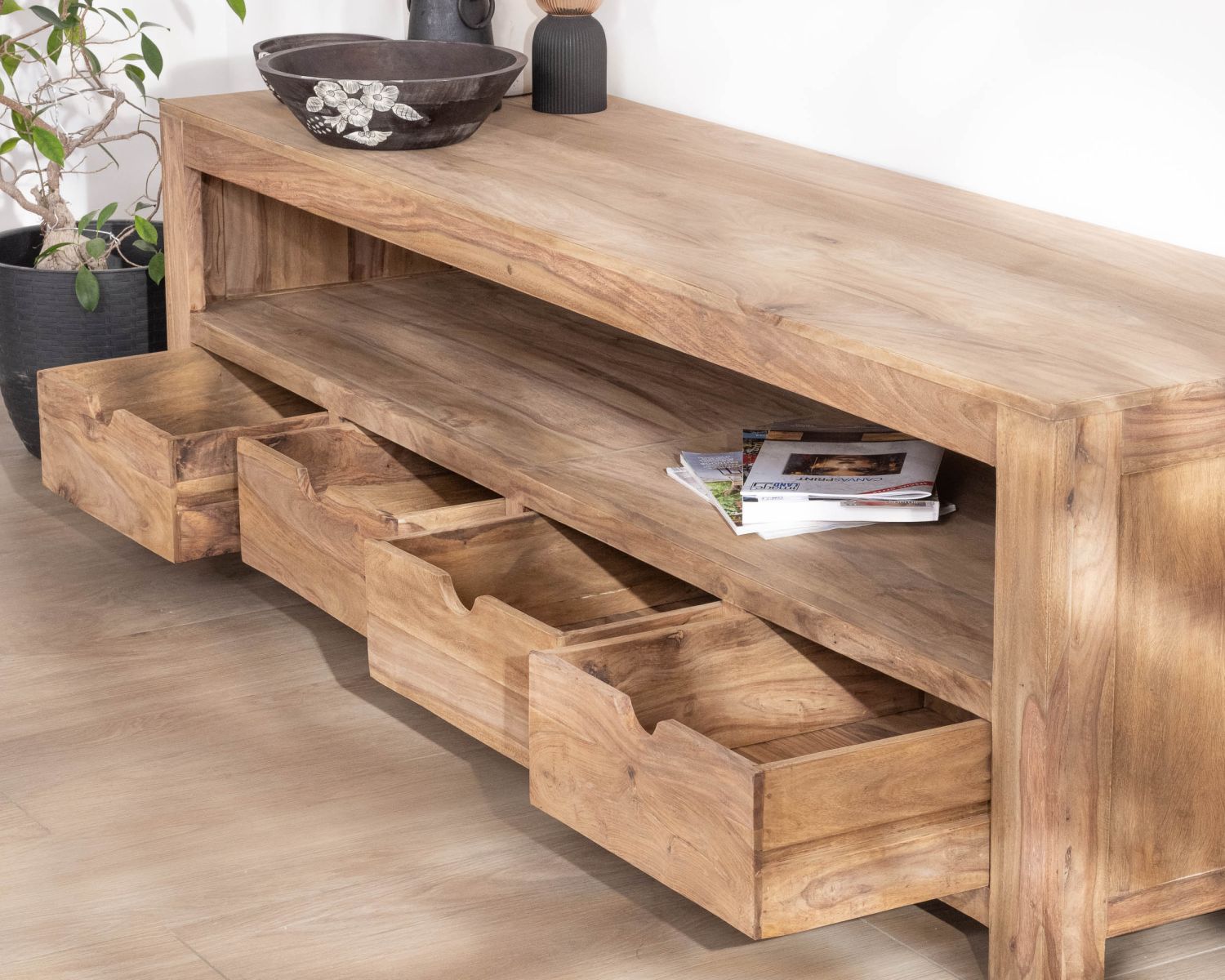 Banc TV 200 cm épuré en palissandre "Kalanohé" niche et 4 tiroirs