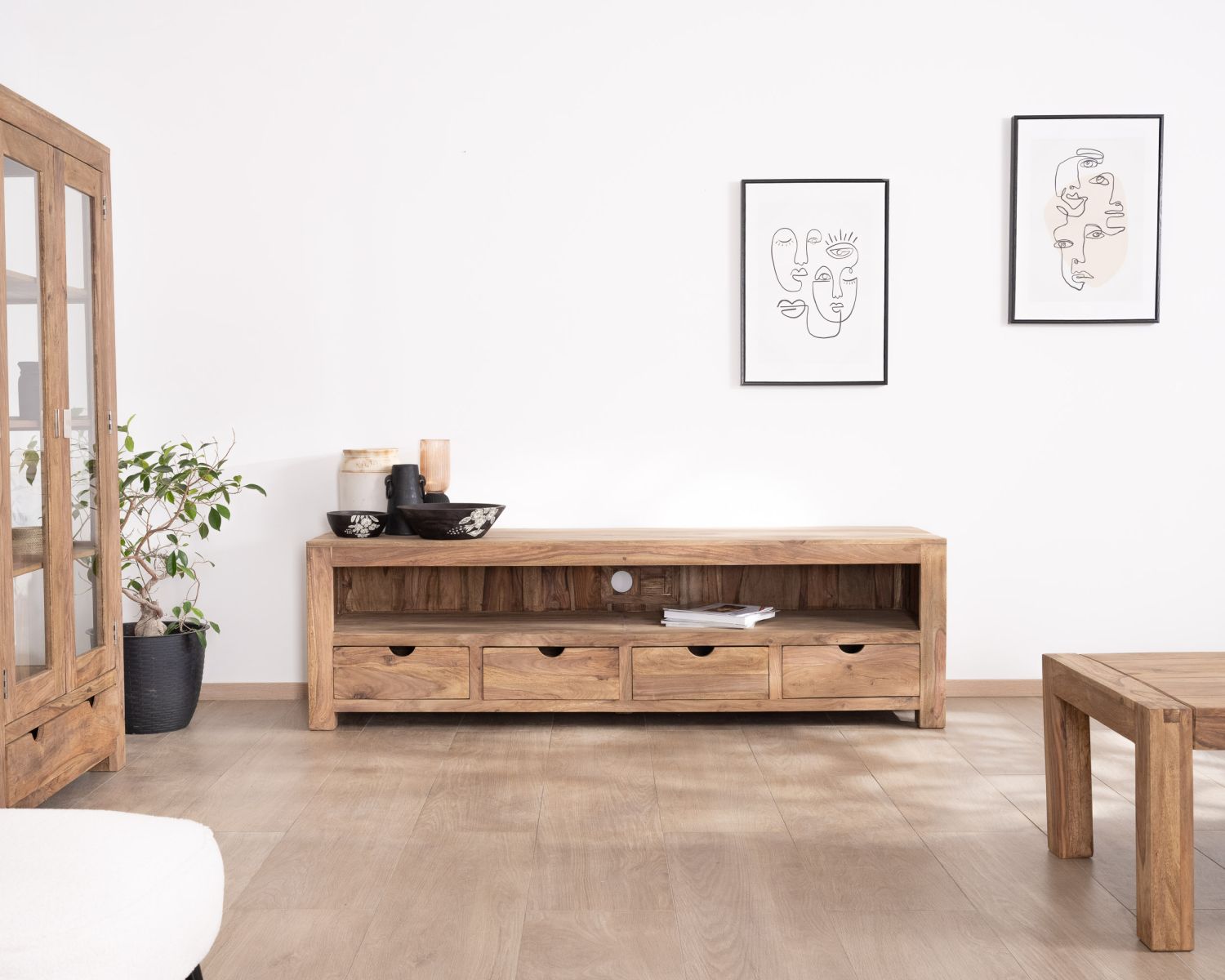 Banc TV 200 cm épuré en palissandre "Kalanohé" niche et 4 tiroirs