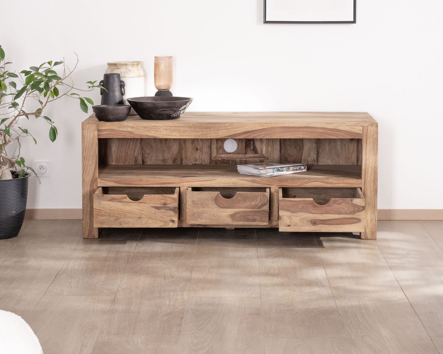 Meuble TV 150 cm en palissandre "Kalanohé" grande niche et 3 tiroirs