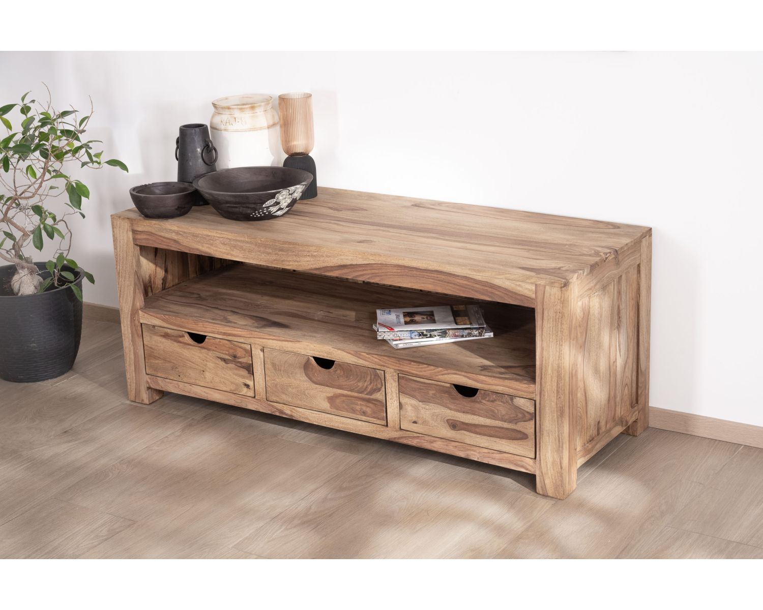 Meuble TV 150 cm en palissandre "Kalanohé" grande niche et 3 tiroirs