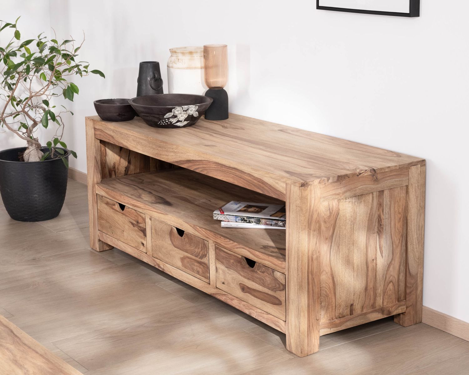 Meuble TV 150 cm en palissandre "Kalanohé" grande niche et 3 tiroirs