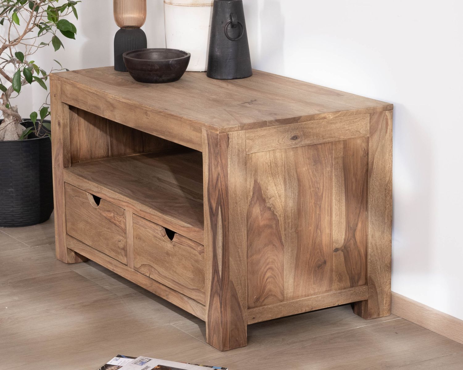 Petit meuble télé compact et fonctionnel en palissandre "Kalanohé" niche et 2 tiroirs