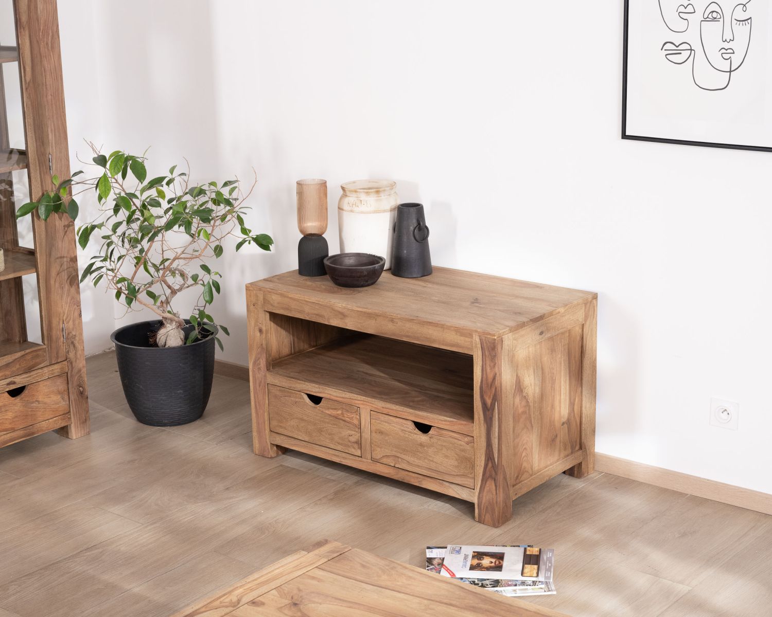 Petit meuble télé compact et fonctionnel en palissandre "Kalanohé" niche et 2 tiroirs