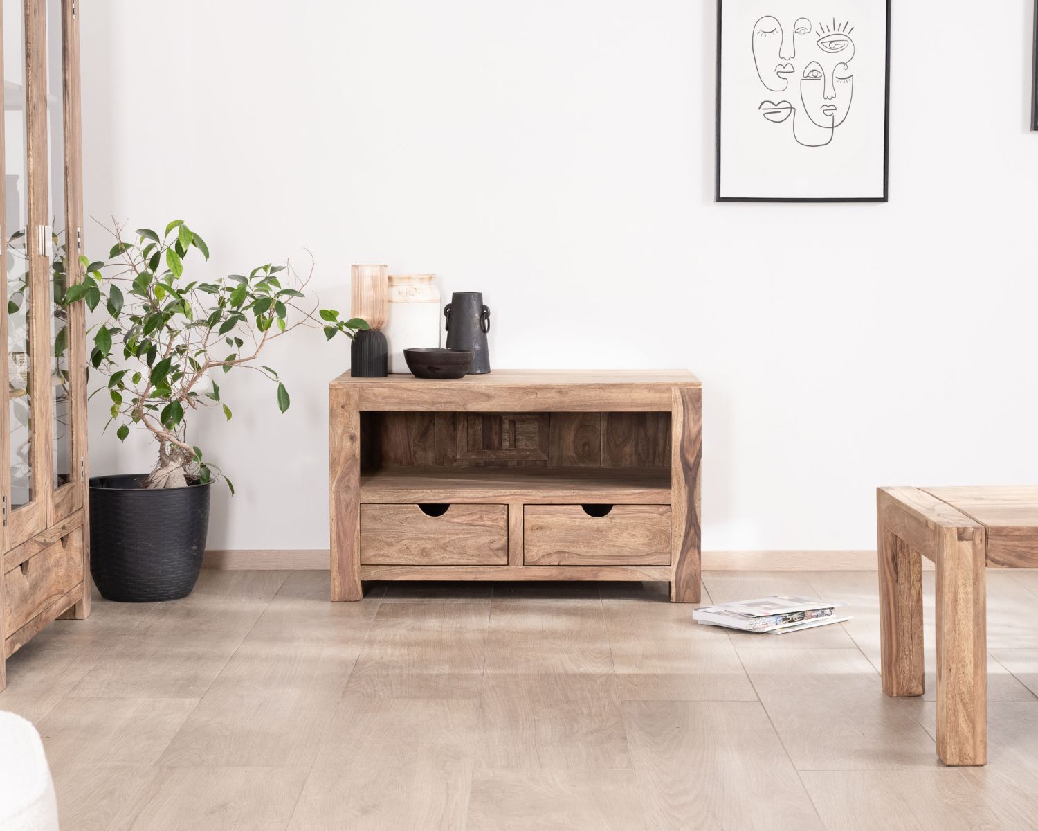 Petit meuble télé compact et fonctionnel en palissandre "Kalanohé" niche et 2 tiroirs