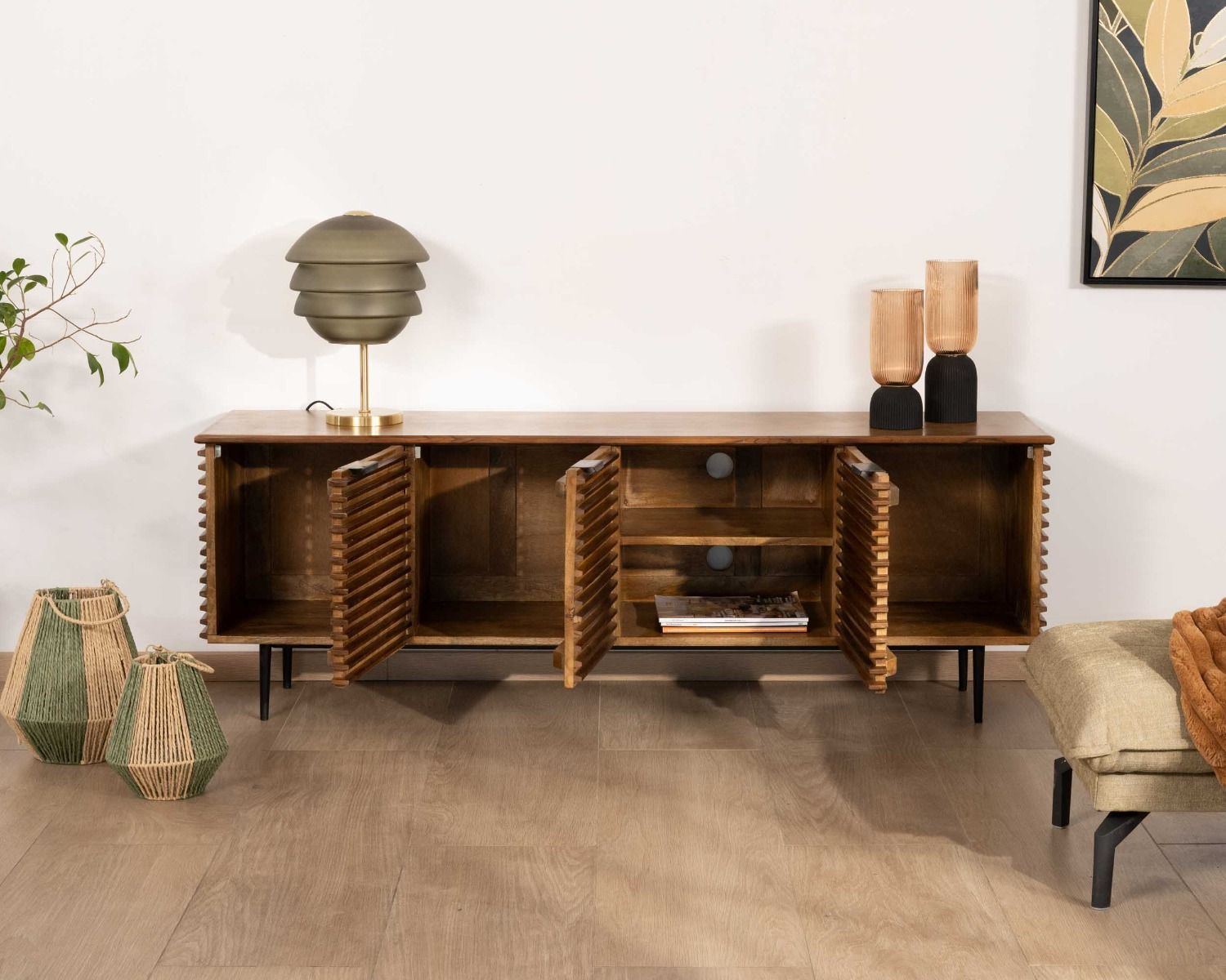 Meuble TV 160cm en teck et manguier et pieds métal noir "Sheffield"