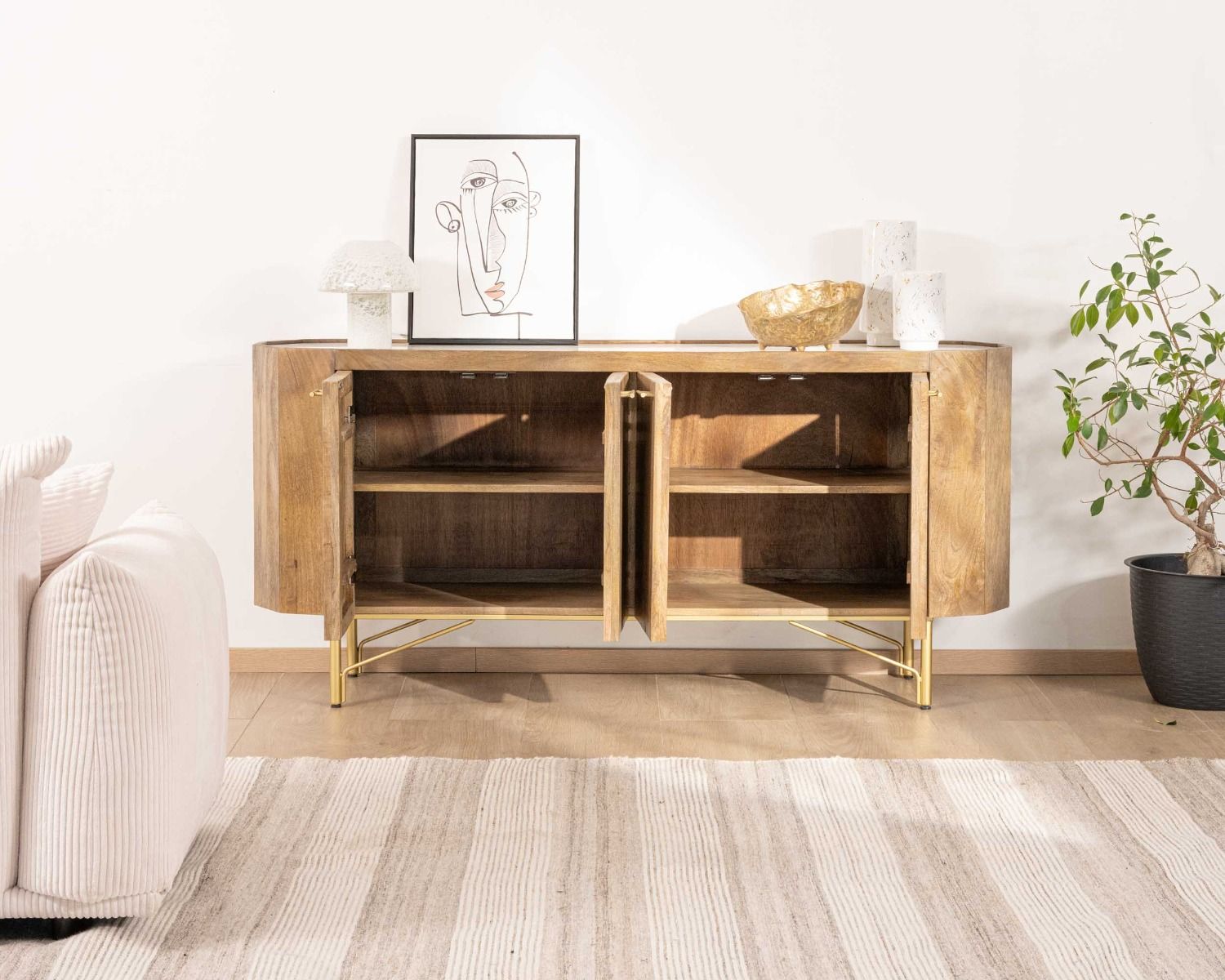 Buffet arrondi avec plateau en terrazzo blanc et pieds métal doré "Bruges"