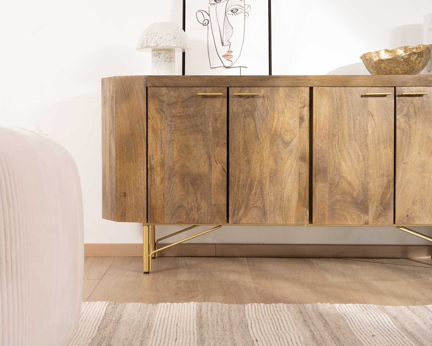 Buffet arrondi avec plateau en terrazzo blanc et pieds métal doré "Bruges"