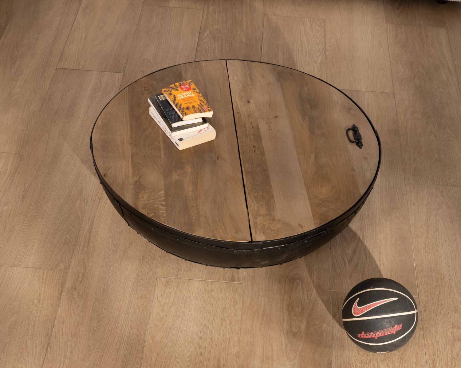 Table de salon coffre industrielle ronde diamètre 100 cm "Atelier"