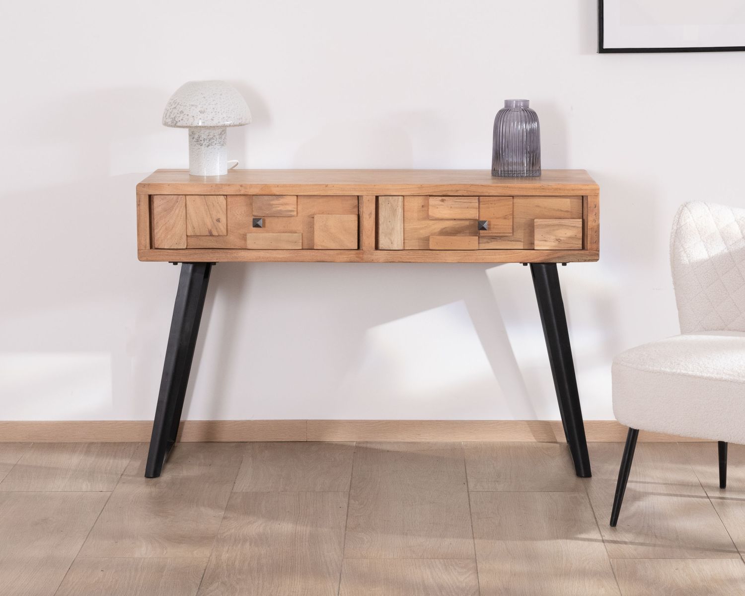 Console 2 tiroirs en acacia piètement métal noir design et aéré "Puzzle"