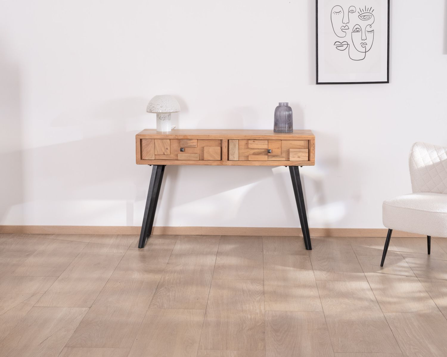Console 2 tiroirs en acacia piètement métal noir design et aéré "Puzzle"