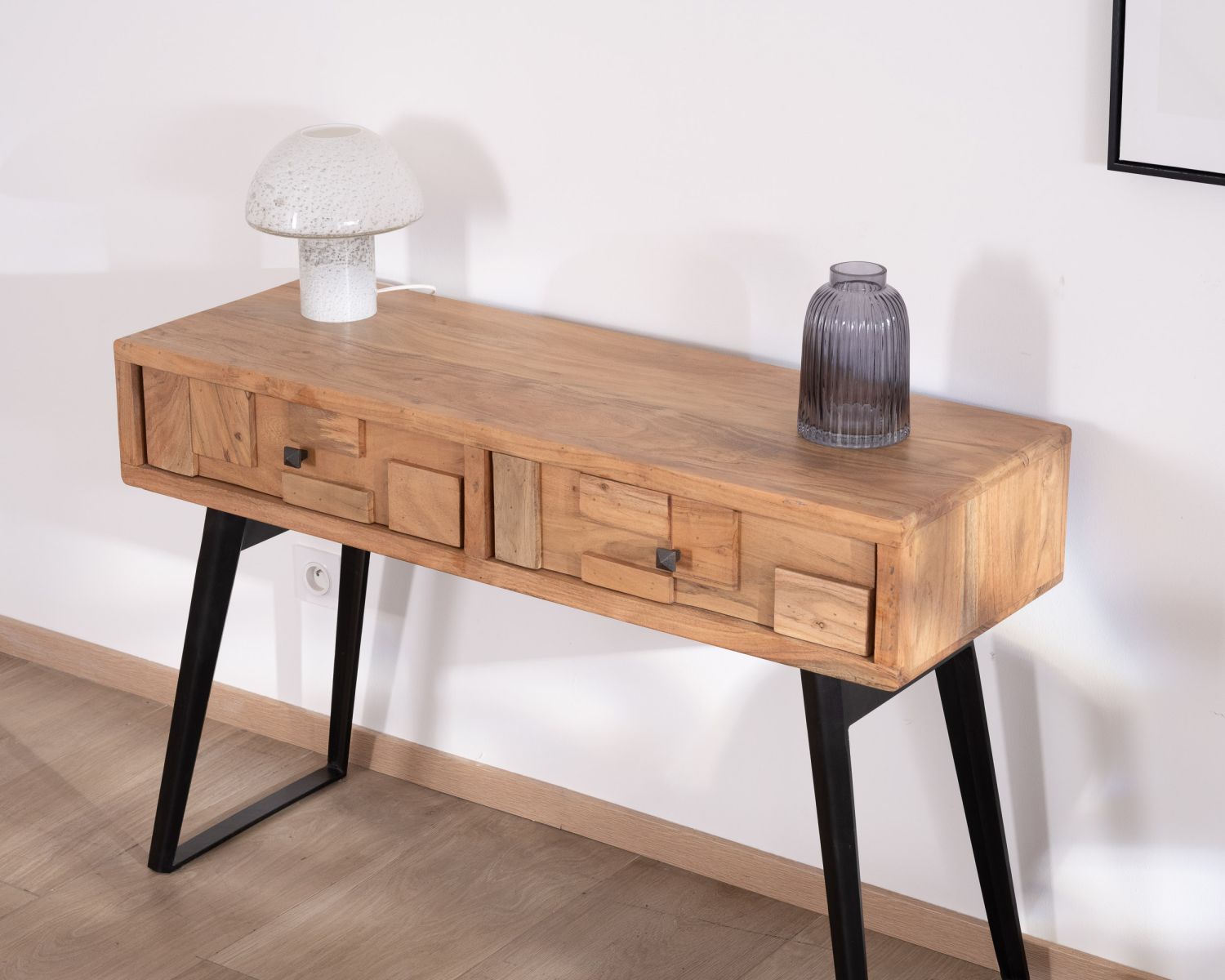 Console 2 tiroirs en acacia piètement métal noir design et aéré "Puzzle"