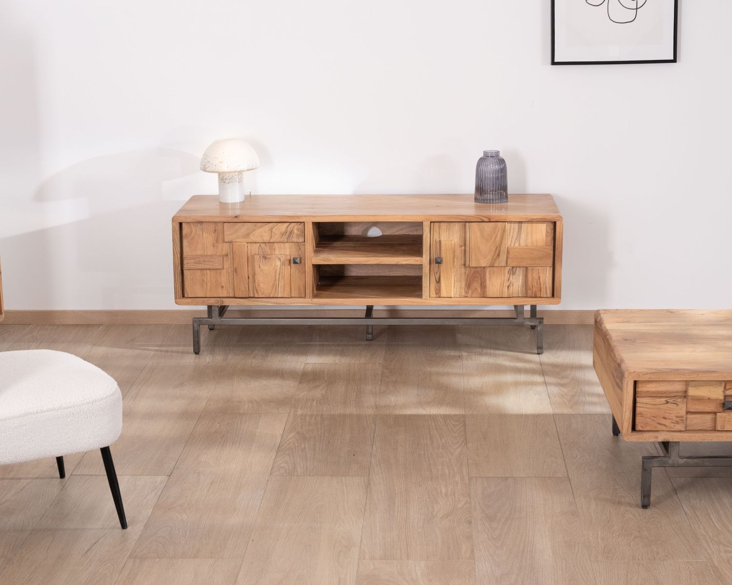 Meuble télé design rétro en acacia et métal "Puzzle" 150 cm