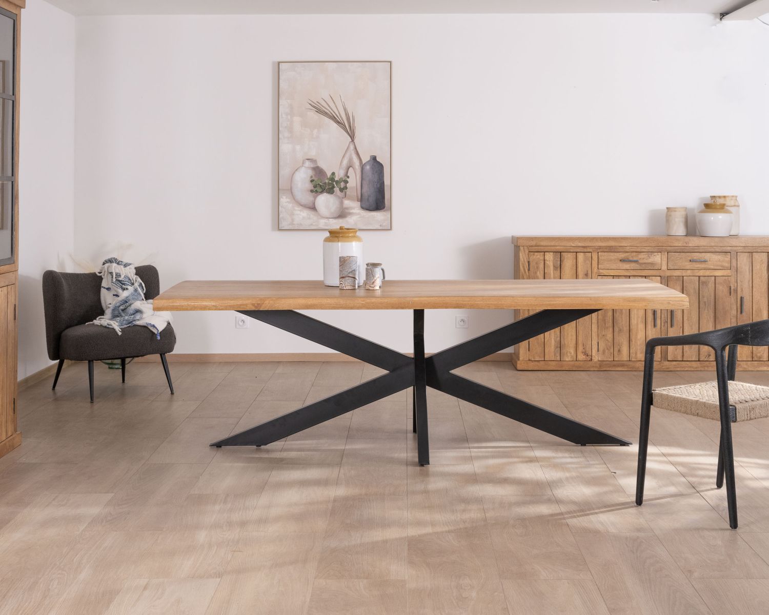 Table de repas 200 cm plateau en manguier bords naturels "Presolino" pieds croix métal