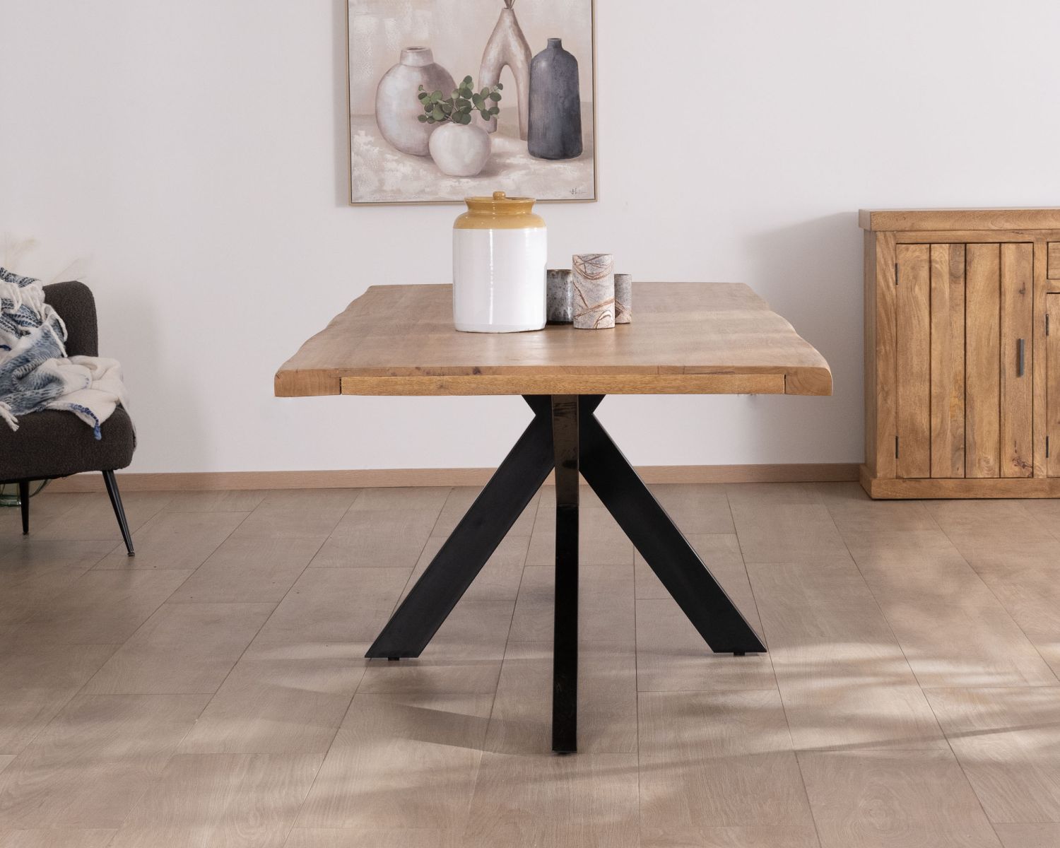 Table de repas 200 cm plateau en manguier bords naturels "Presolino" pieds croix métal