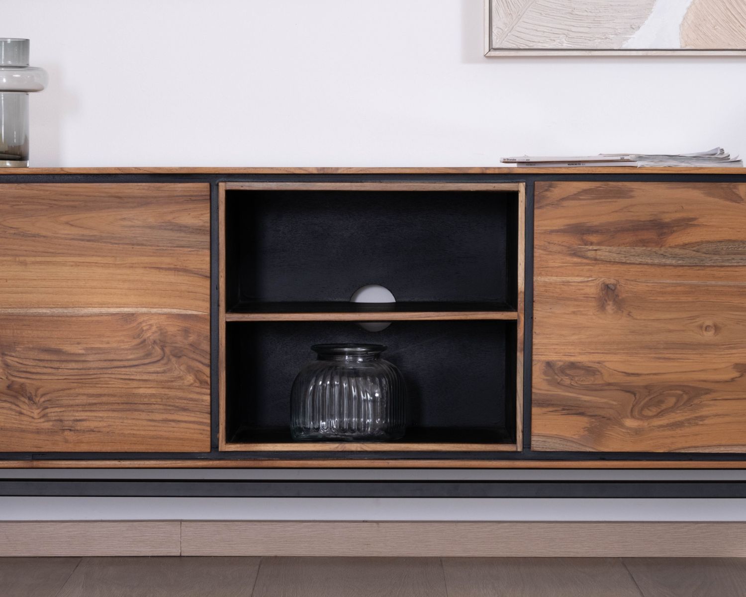 Meuble télé 175 cm bicolore contemporain "Olonie" en teck naturel et métal