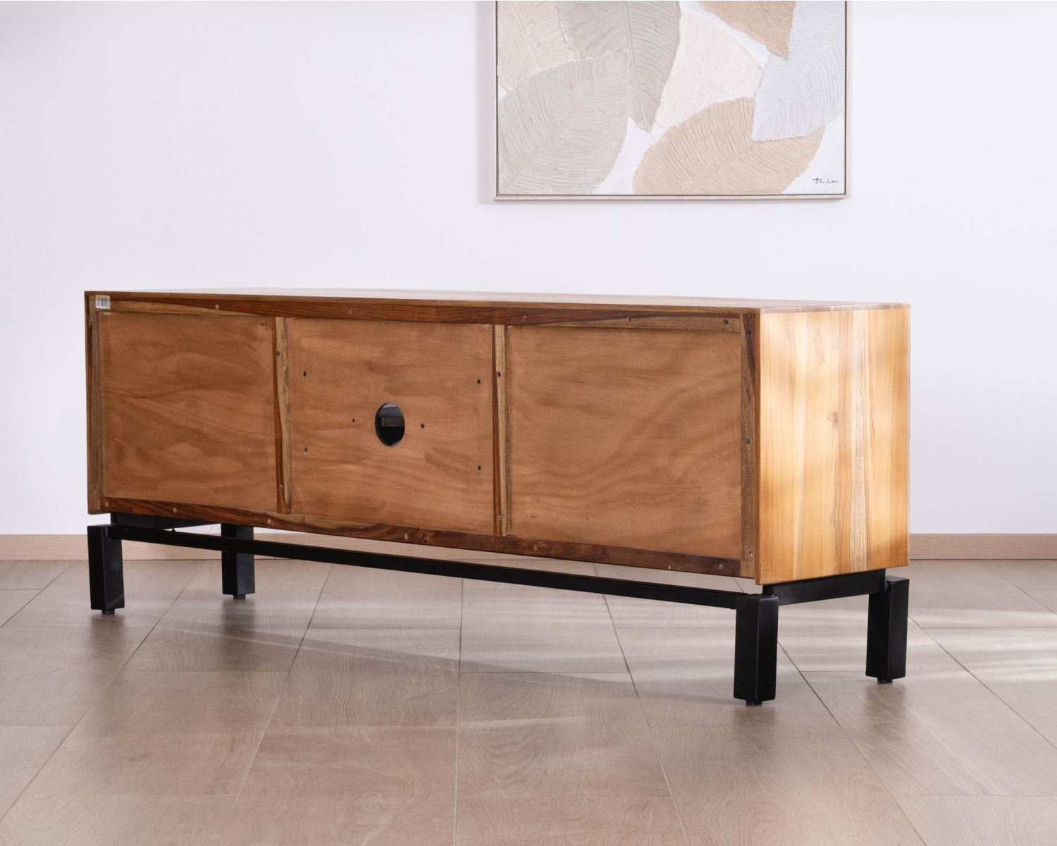 Meuble télé 175 cm bicolore contemporain "Olonie" en teck naturel et métal