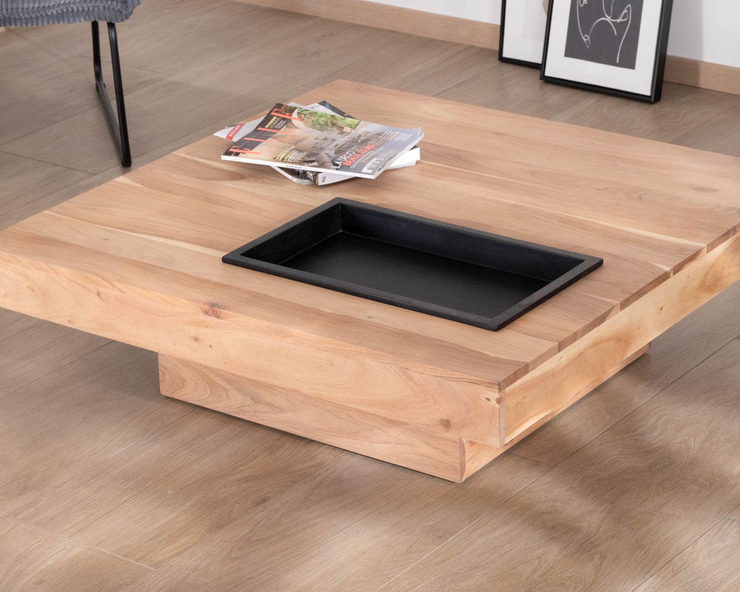 Table de salon carrée en bois massif avec rangement amovible "Shelley" 100 cm