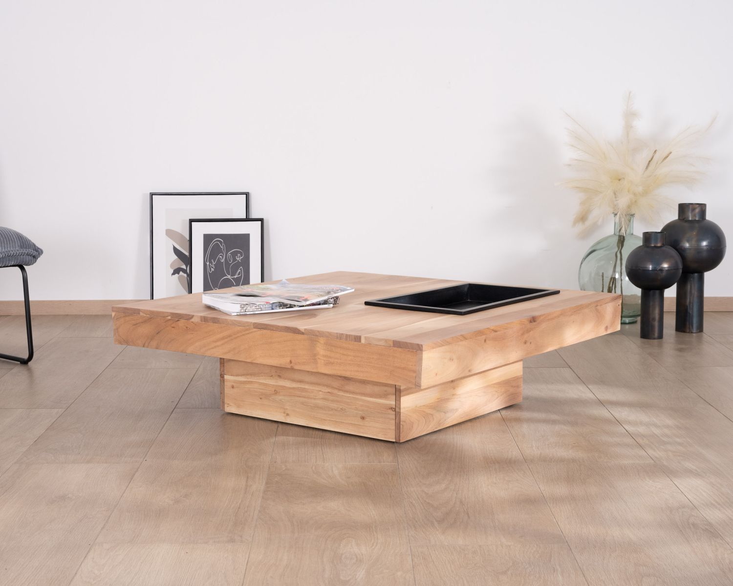 Table de salon carrée en bois massif avec rangement amovible "Shelley" 100 cm