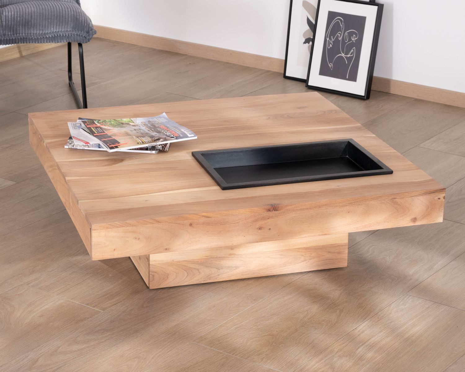 Table de salon carrée en bois massif avec rangement amovible "Shelley" 100 cm