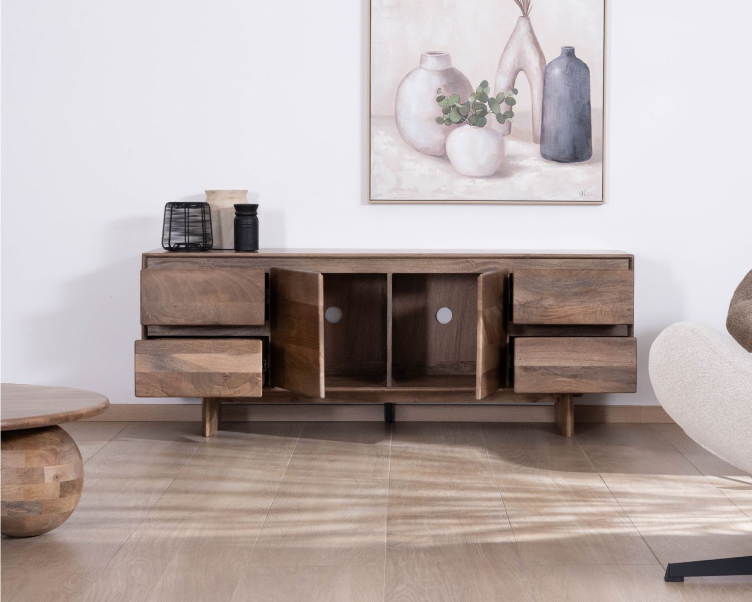 Meuble télé 160 cm design épuré Japandi "Geta" en manguier massif