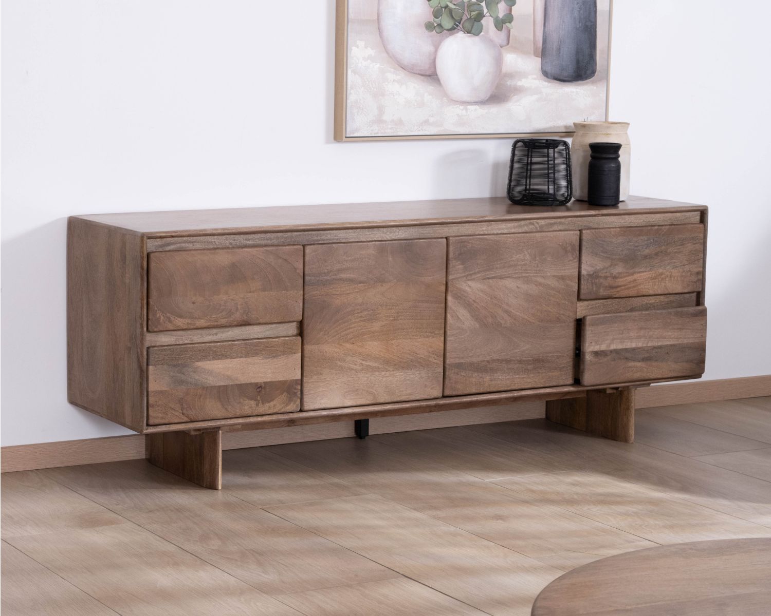 Meuble télé 160 cm design épuré Japandi "Geta" en manguier massif