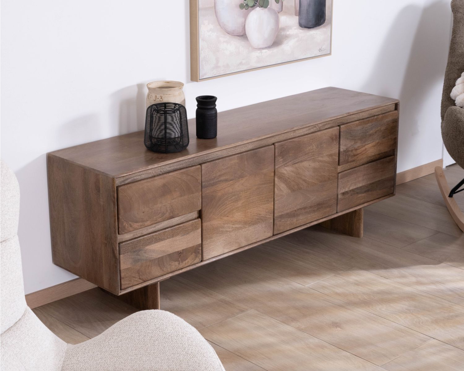 Meuble télé 160 cm design épuré Japandi "Geta" en manguier massif