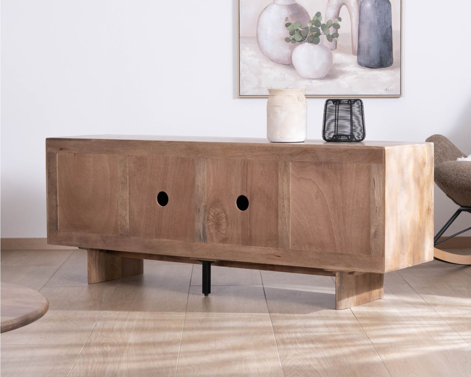 Meuble télé 160 cm design épuré Japandi "Geta" en manguier massif