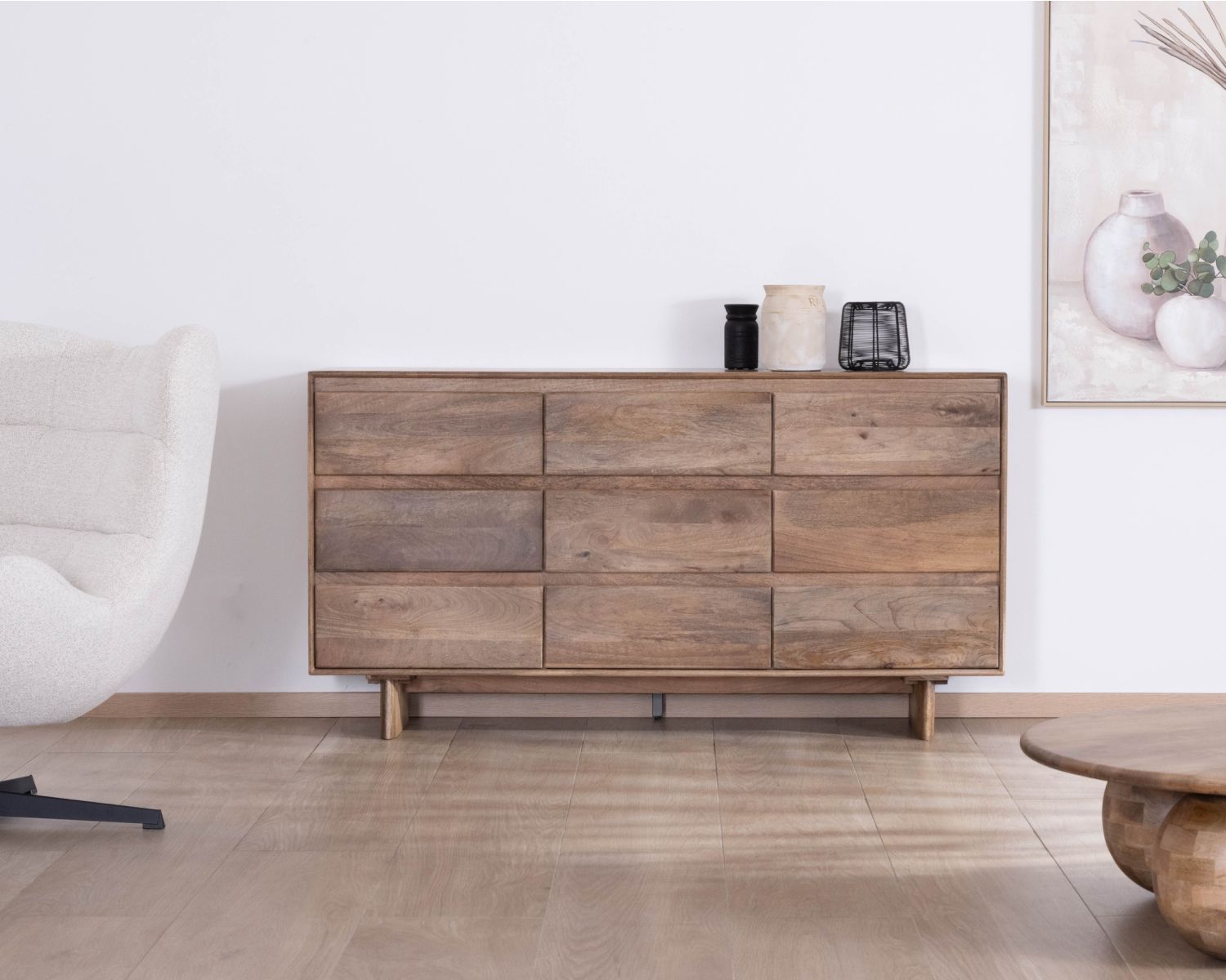 Commode 9 tiroirs en bois massif de manguier "Geta" Style Japandi