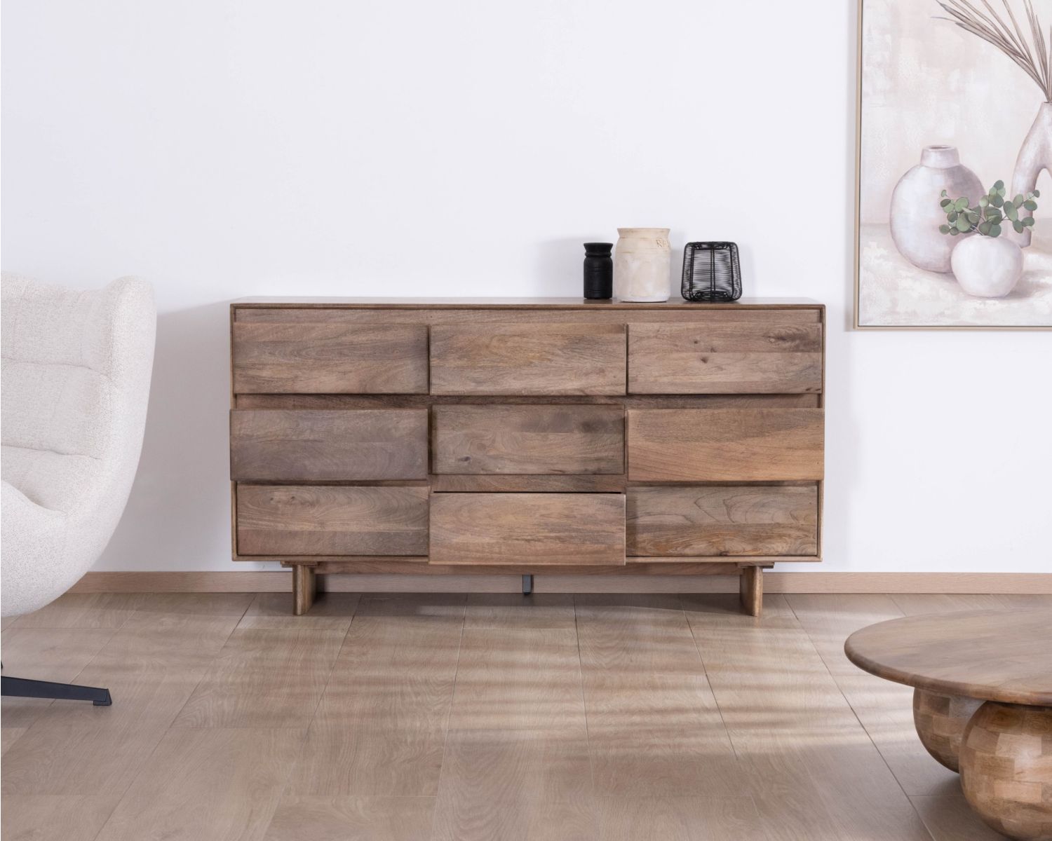 Commode 9 tiroirs en bois massif de manguier "Geta" Style Japandi