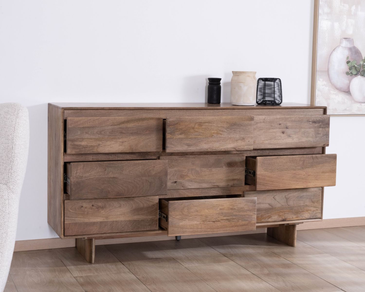 Commode 9 tiroirs en bois massif de manguier "Geta" Style Japandi