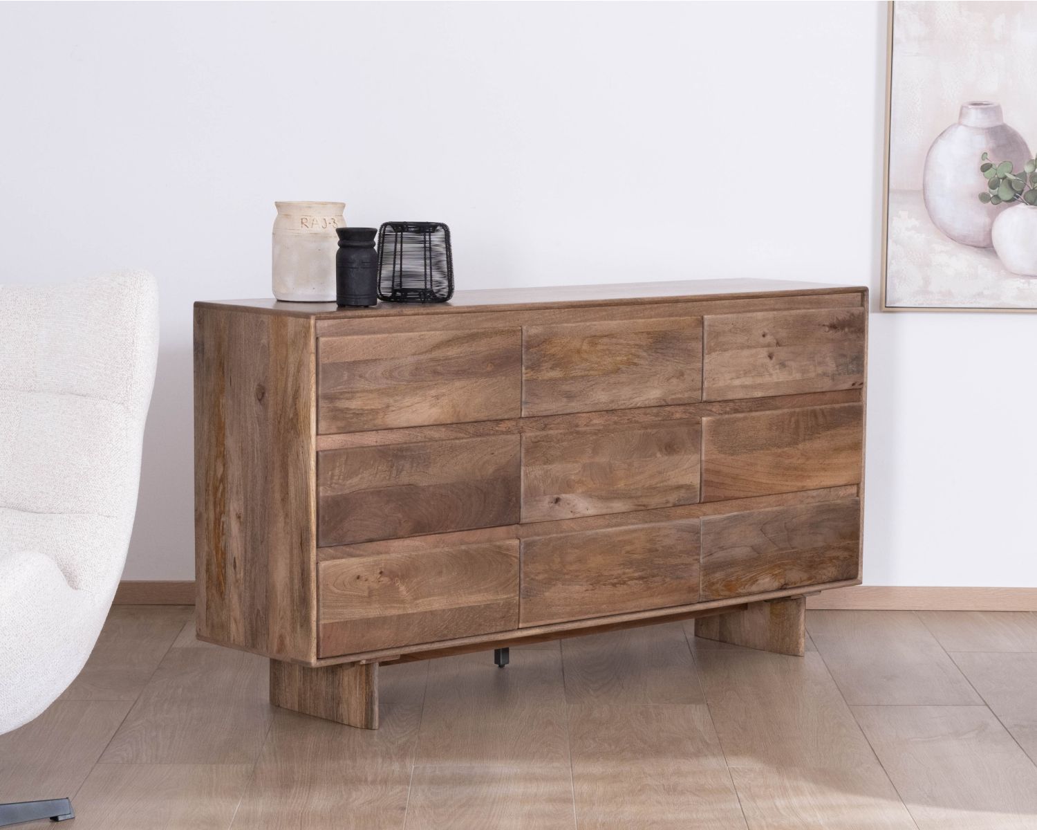 Commode 9 tiroirs en bois massif de manguier "Geta" Style Japandi