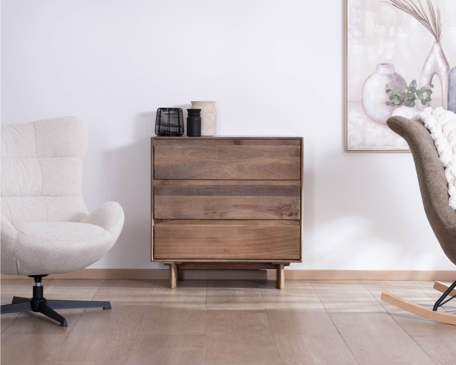 Commode esprit Japandi en manguier massif "Geta" 3 tiroirs large ouverture