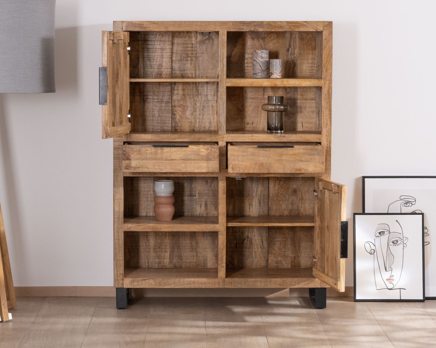 Argentier en manguier et pieds métal "Manoha" portes motif stries réversibles