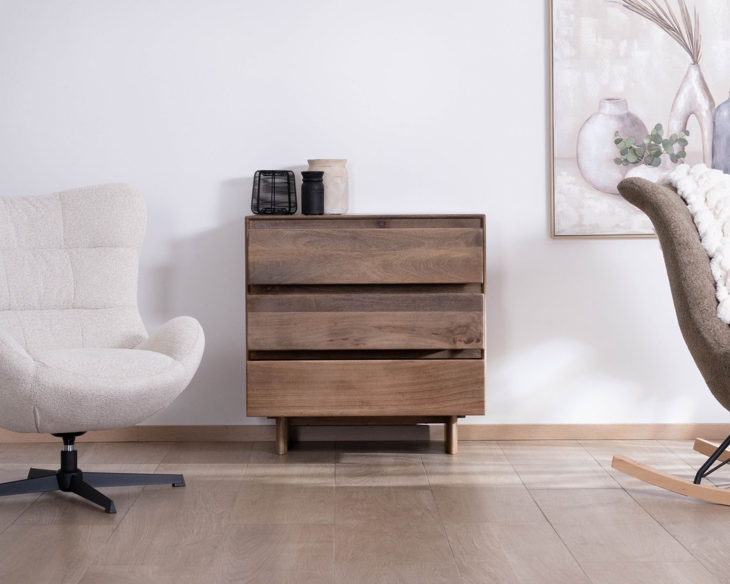 Commode esprit Japandi en manguier massif "Geta" 3 tiroirs large ouverture