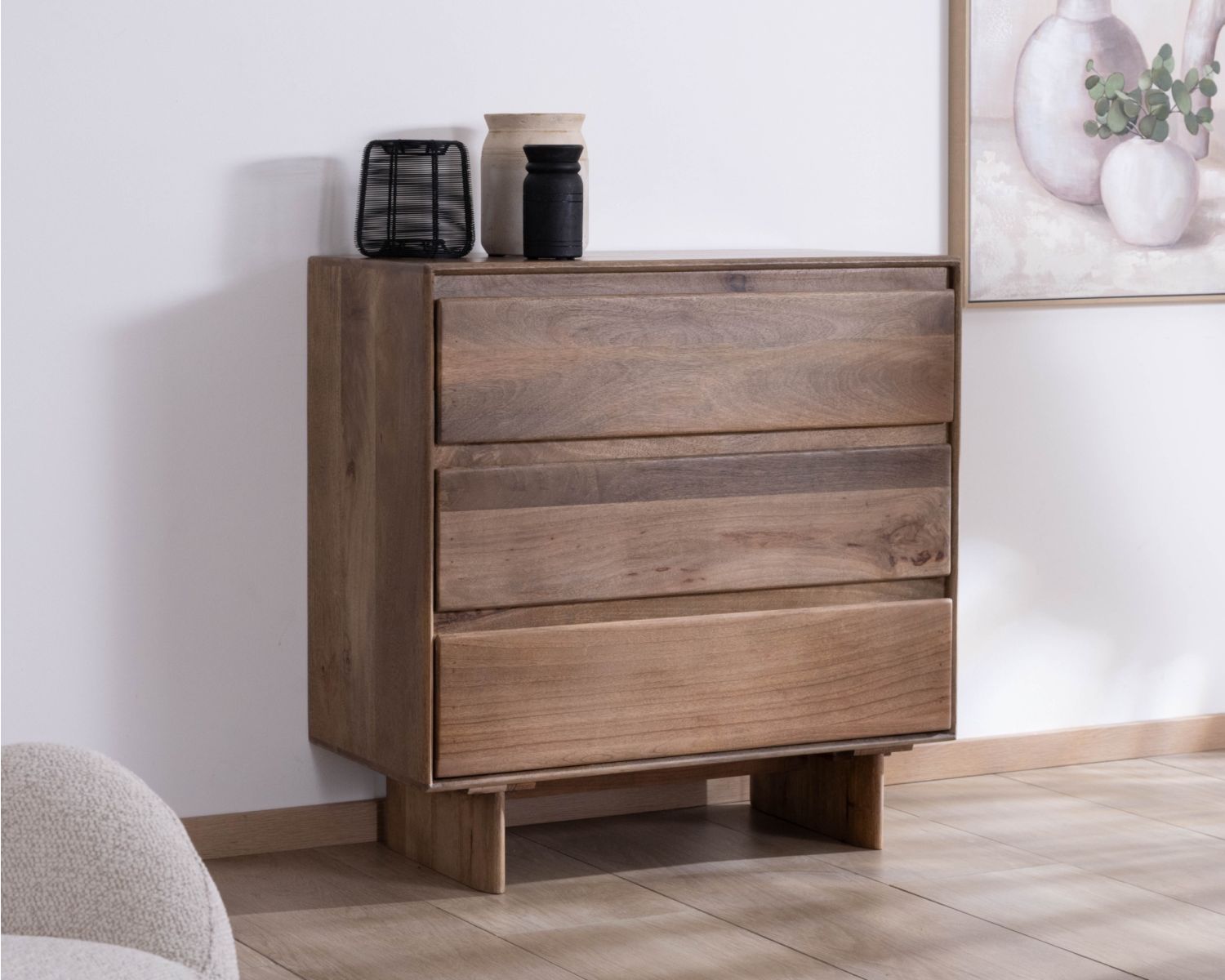 Commode esprit Japandi en manguier massif "Geta" 3 tiroirs large ouverture