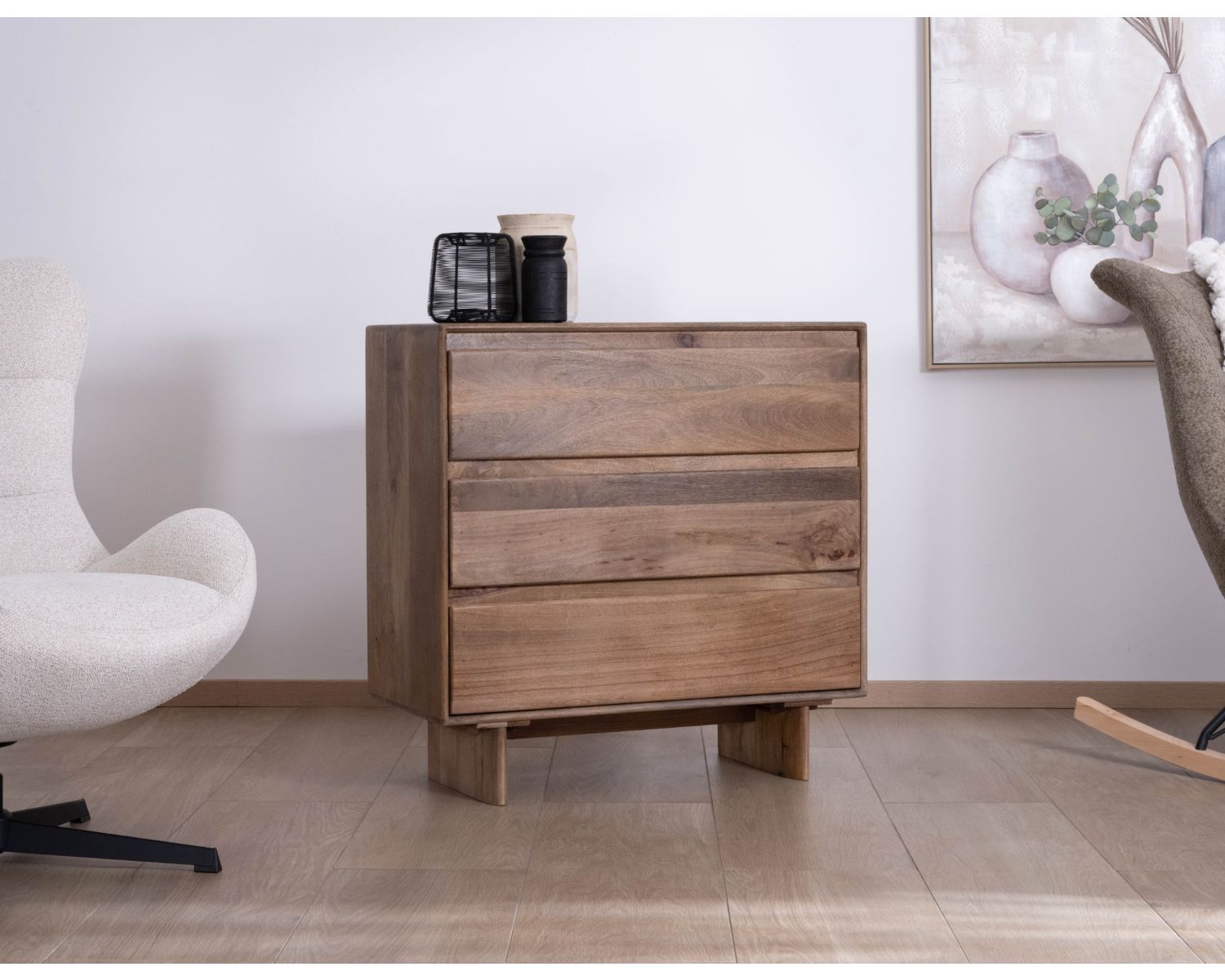 Commode esprit Japandi en manguier massif "Geta" 3 tiroirs large ouverture