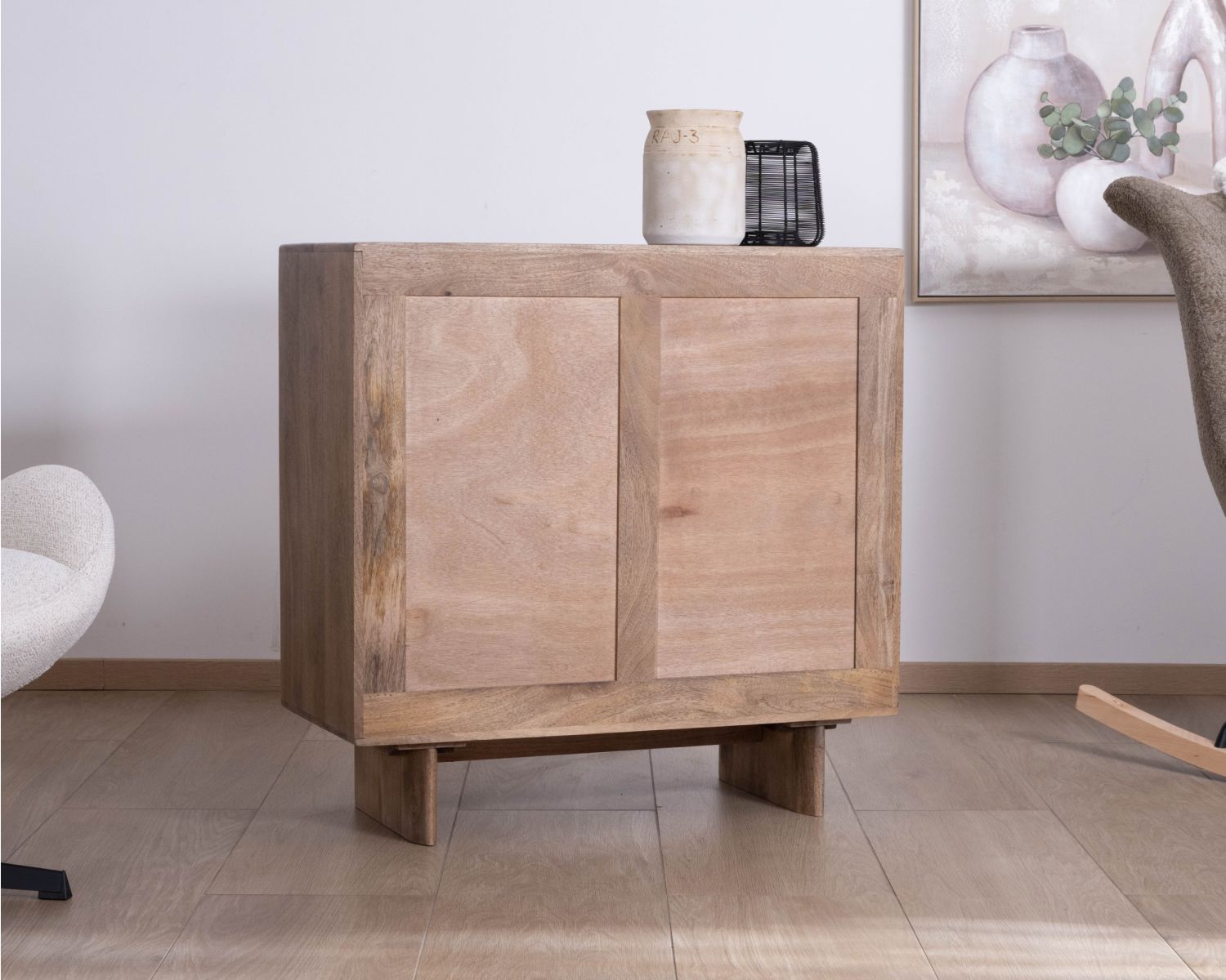 Commode esprit Japandi en manguier massif "Geta" 3 tiroirs large ouverture