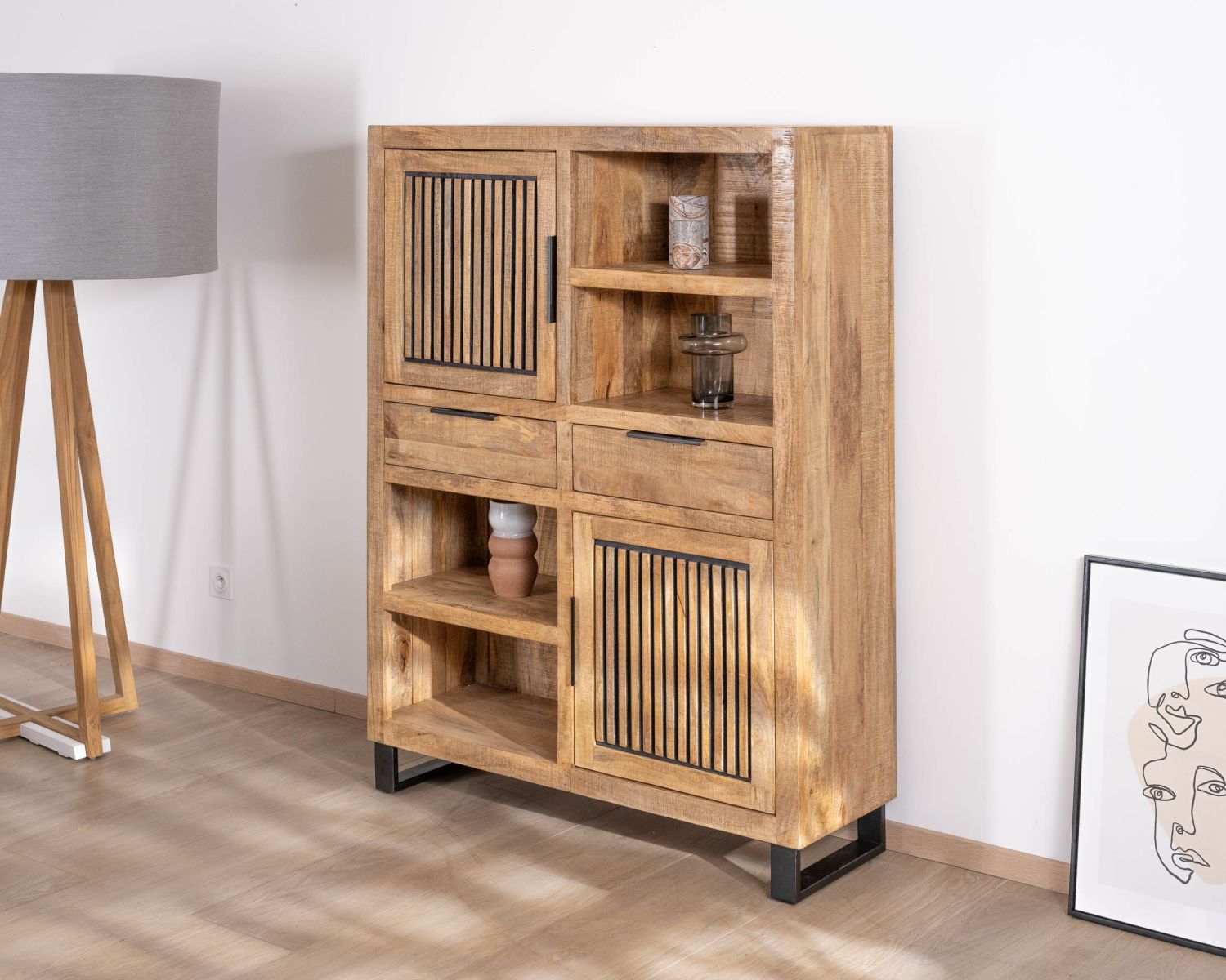 Argentier en manguier et pieds métal "Manoha" portes motif stries réversibles