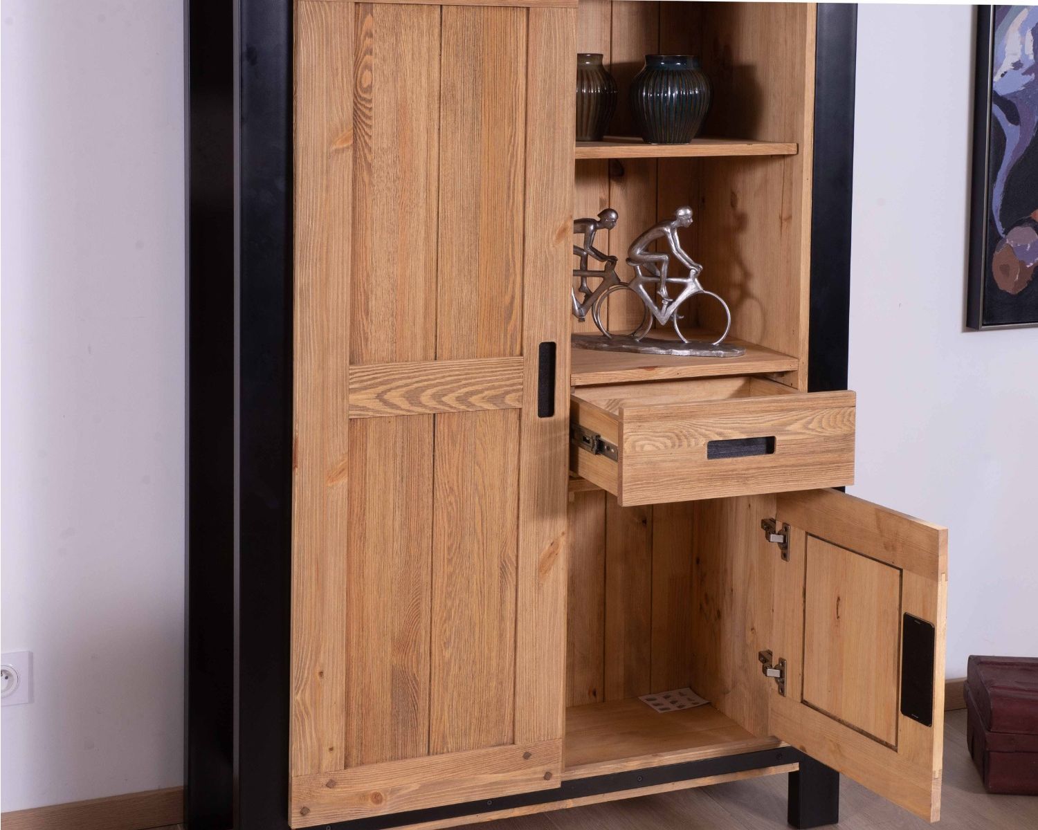 Enfilade industrielle haute "Lugano" en pin massif et métal