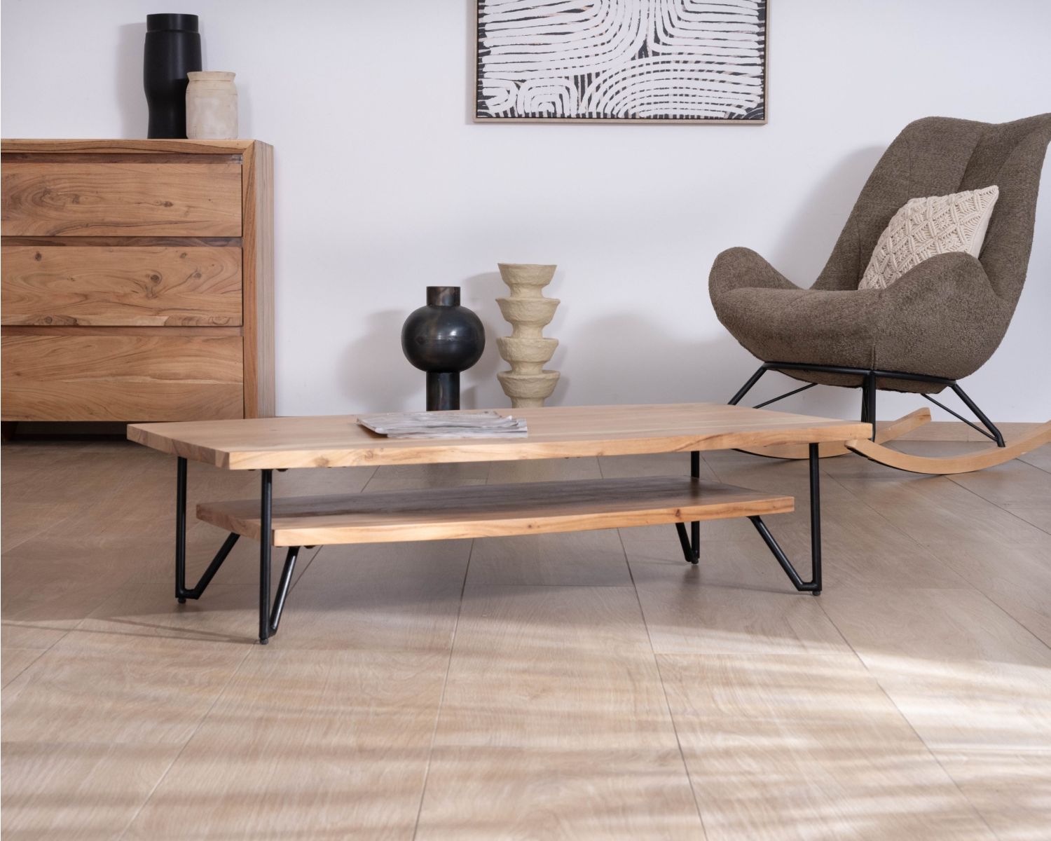 Table basse double plateau forme bateau en acacia massif "Zen Black"